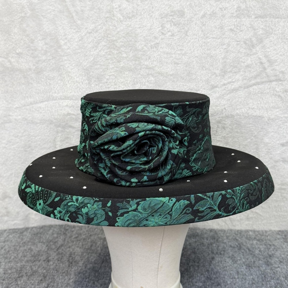 Mark Hat Womens Black Green Jacquard Kentucky Derby Wide Brim Ruffle Rhinestone